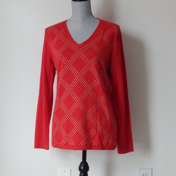 Tommy Hilfiger Golden Studded Knit 100% COTTON V NECK PULLOVER SWEATER - Picture 3 of 6
